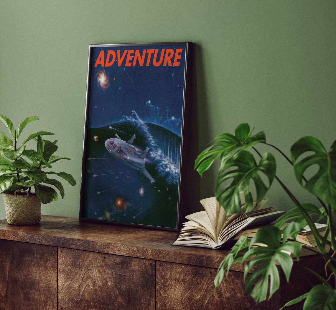 ADVENTURE Vintage Retro Sci Fi Spaceship Galaxy Starry Night Poster - Image 4