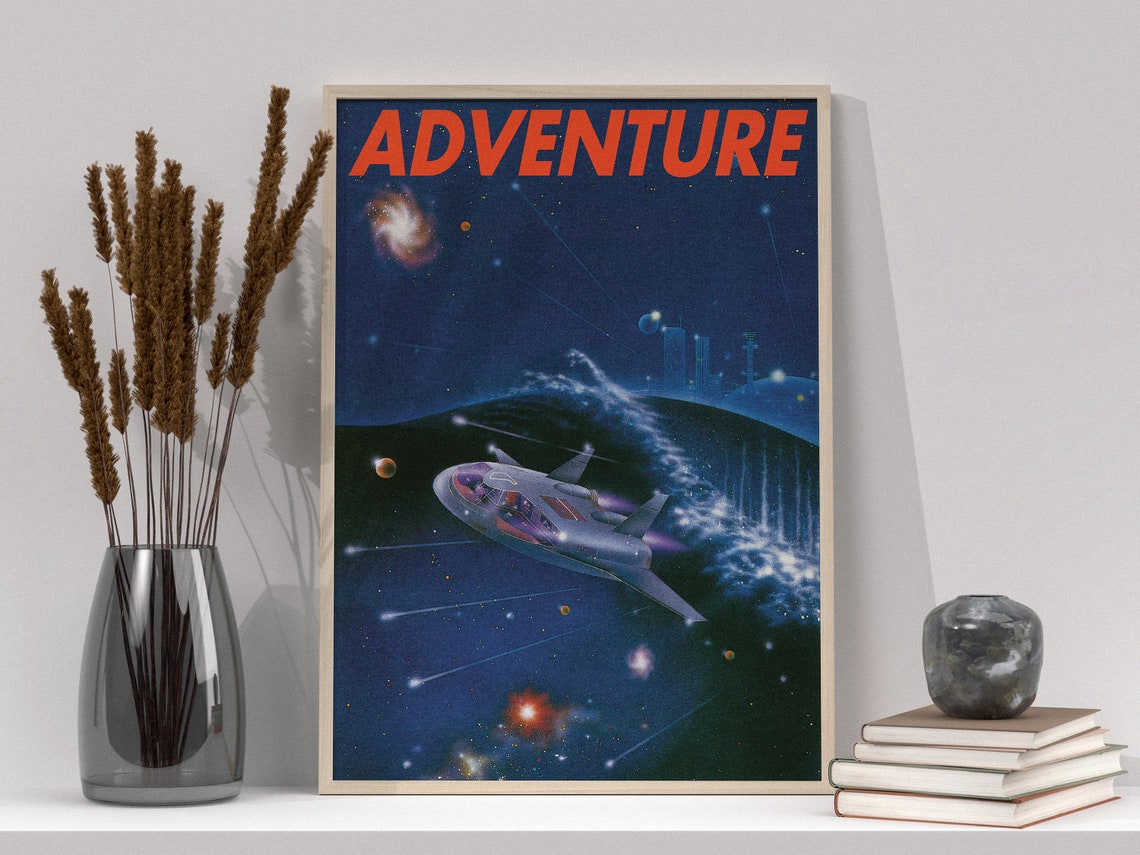 ADVENTURE Vintage Retro Sci Fi Spaceship Galaxy Starry Night Poster