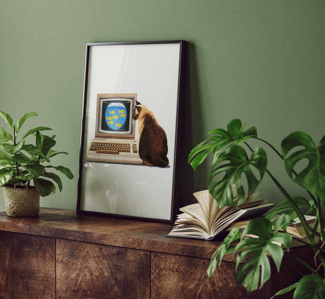 Siamese Cat Watching Goldfish on Vintage Computer Screen Poster - Image 4