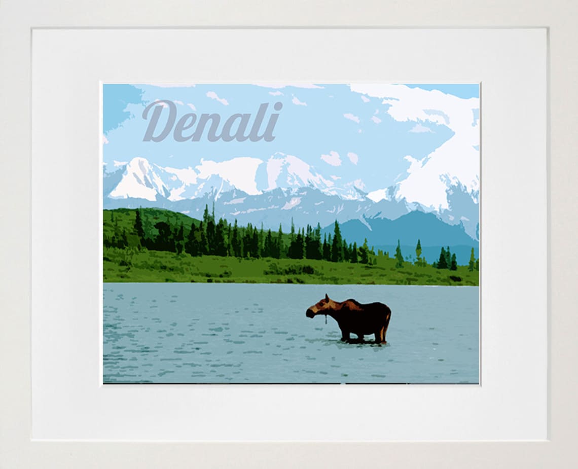 Denali National Park Vintage Travel Poster Alaska Moose Wildlife Art