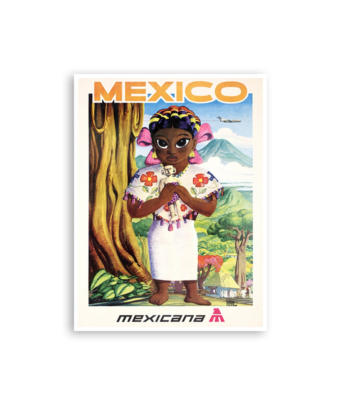 Mexico Mexicana Girl Doll Volcano Folk Art Vintage Travel Poster