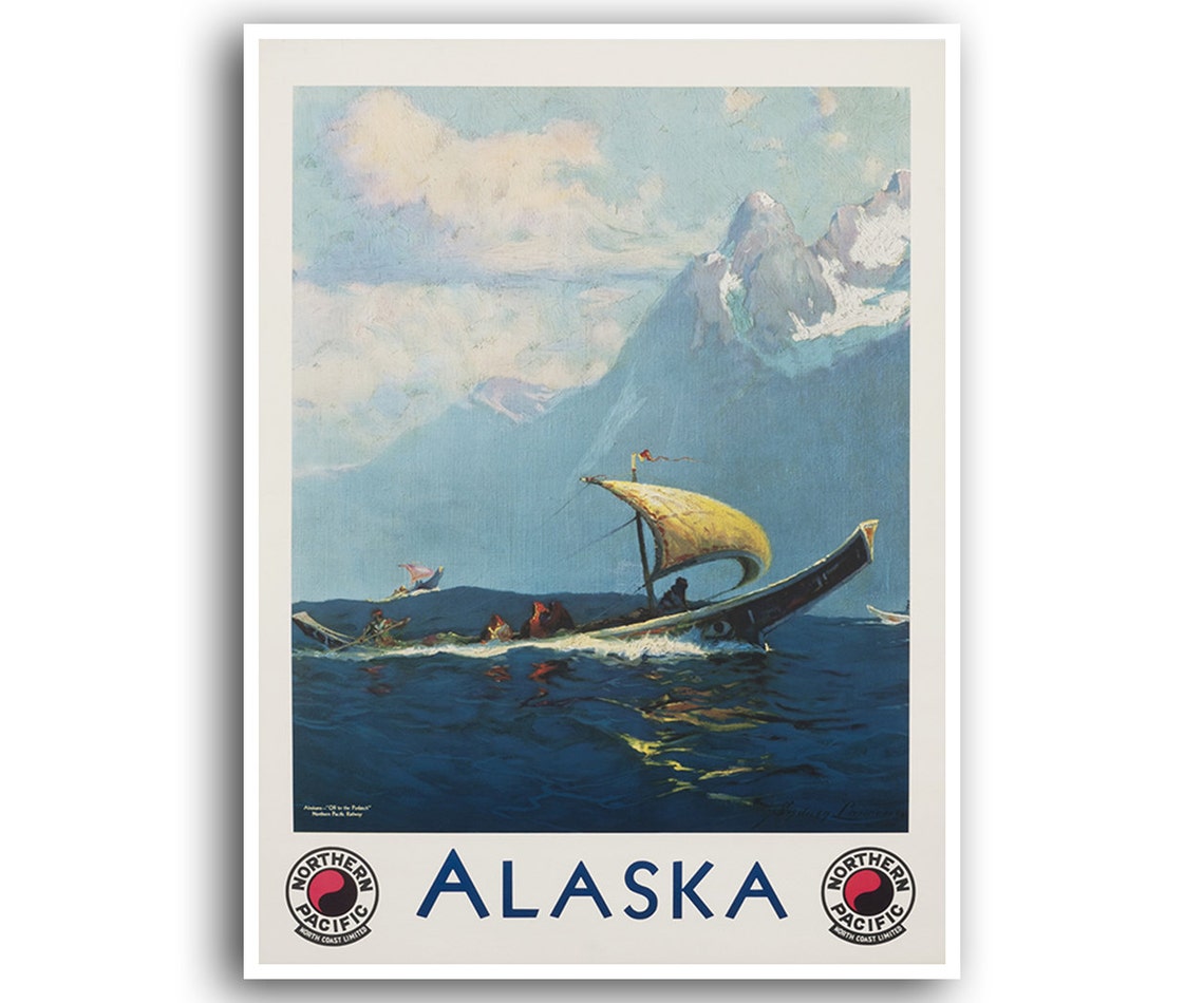 Alaska Northern Pacific Vintage Sail Canoe Mountain Seascape Poster