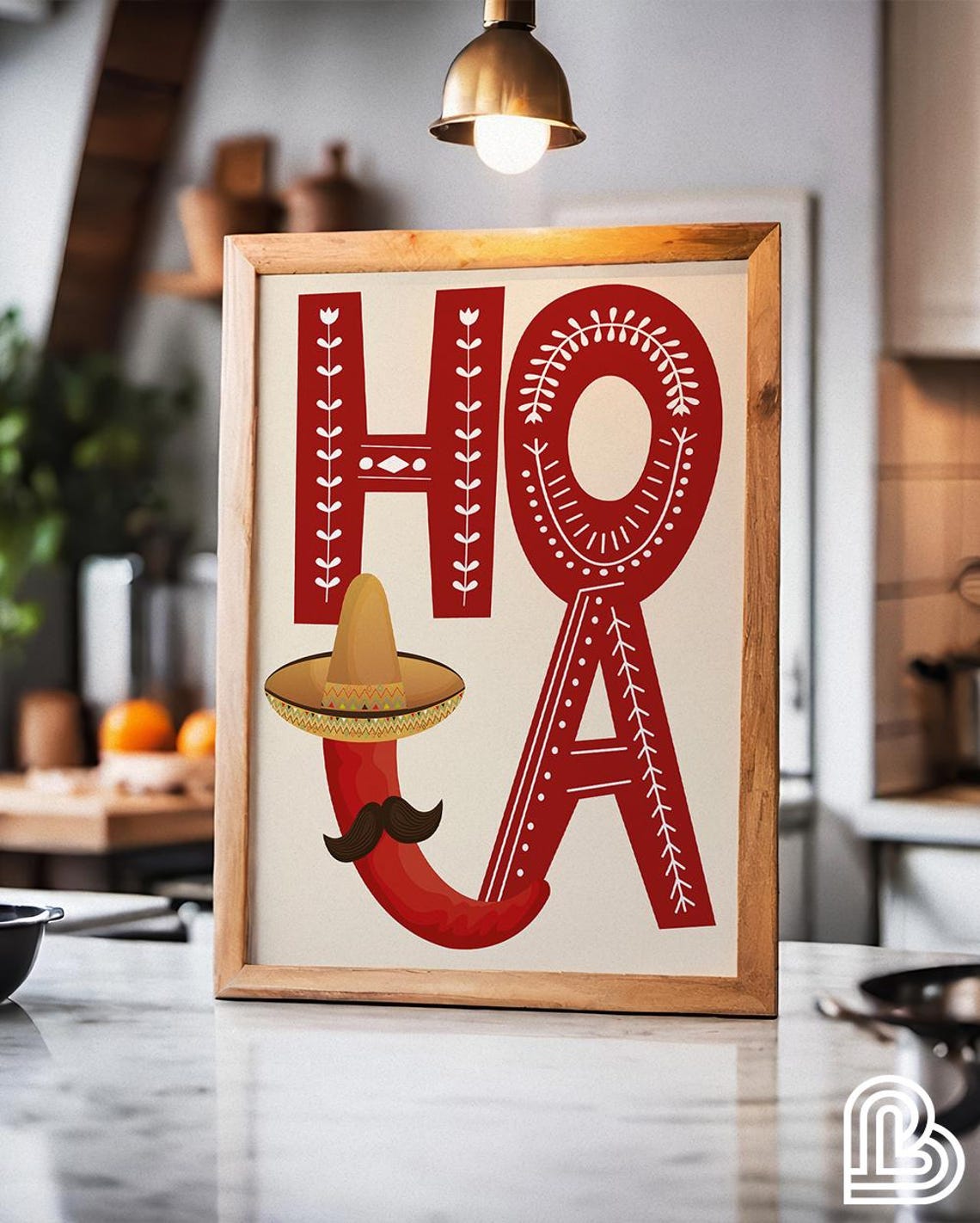 Hola Spanish Typography Wall Art Red Sombrero Mustache Kitchen Decor