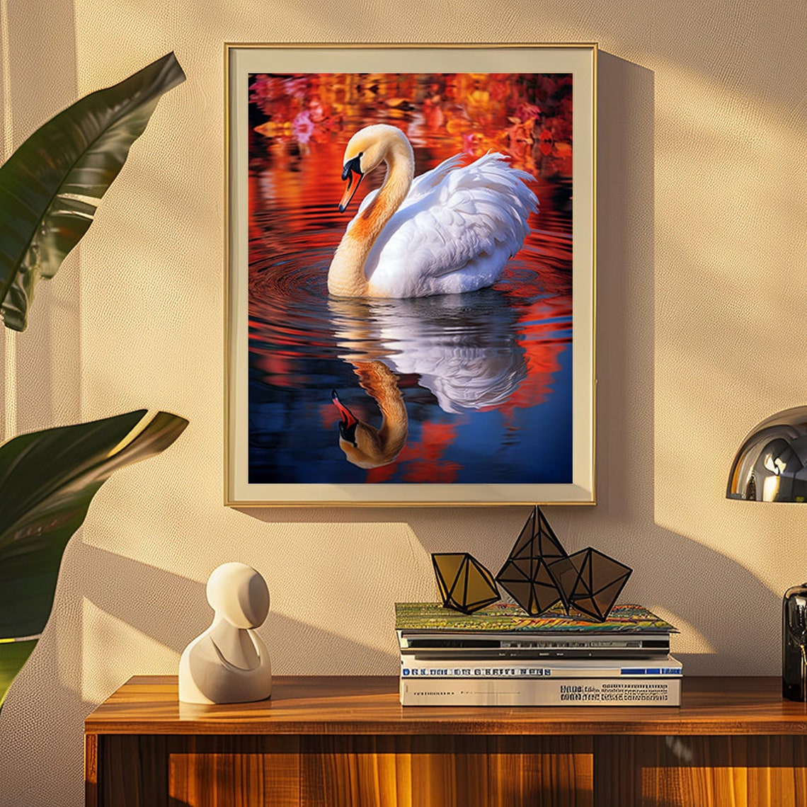 White Swan Reflection Gliding on Golden Sunset Waters Poster
