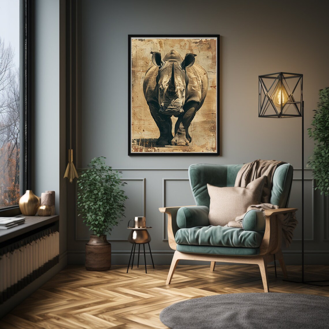 Charging Rhino Portrait on Weathered Vintage Parchment Poster - Image 2