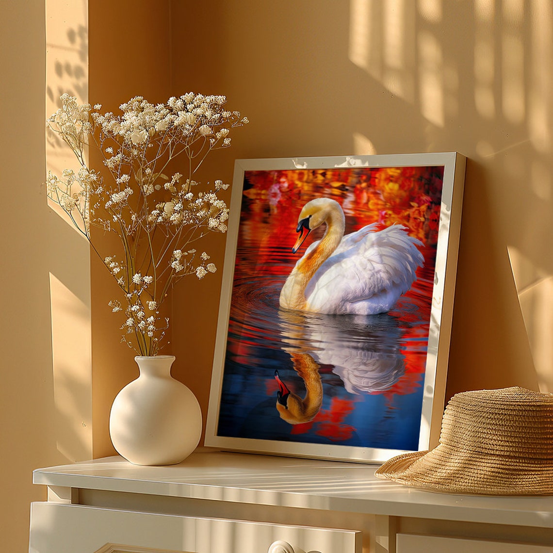 White Swan Reflection Gliding on Golden Sunset Waters Poster - Image 4