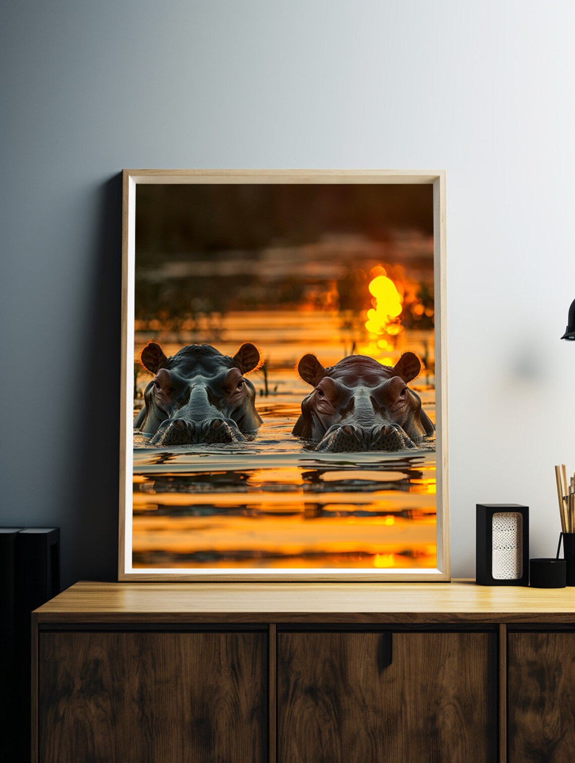 Majestic Two Hippos Watching Golden Sunset Over an African River Poster - Image 5