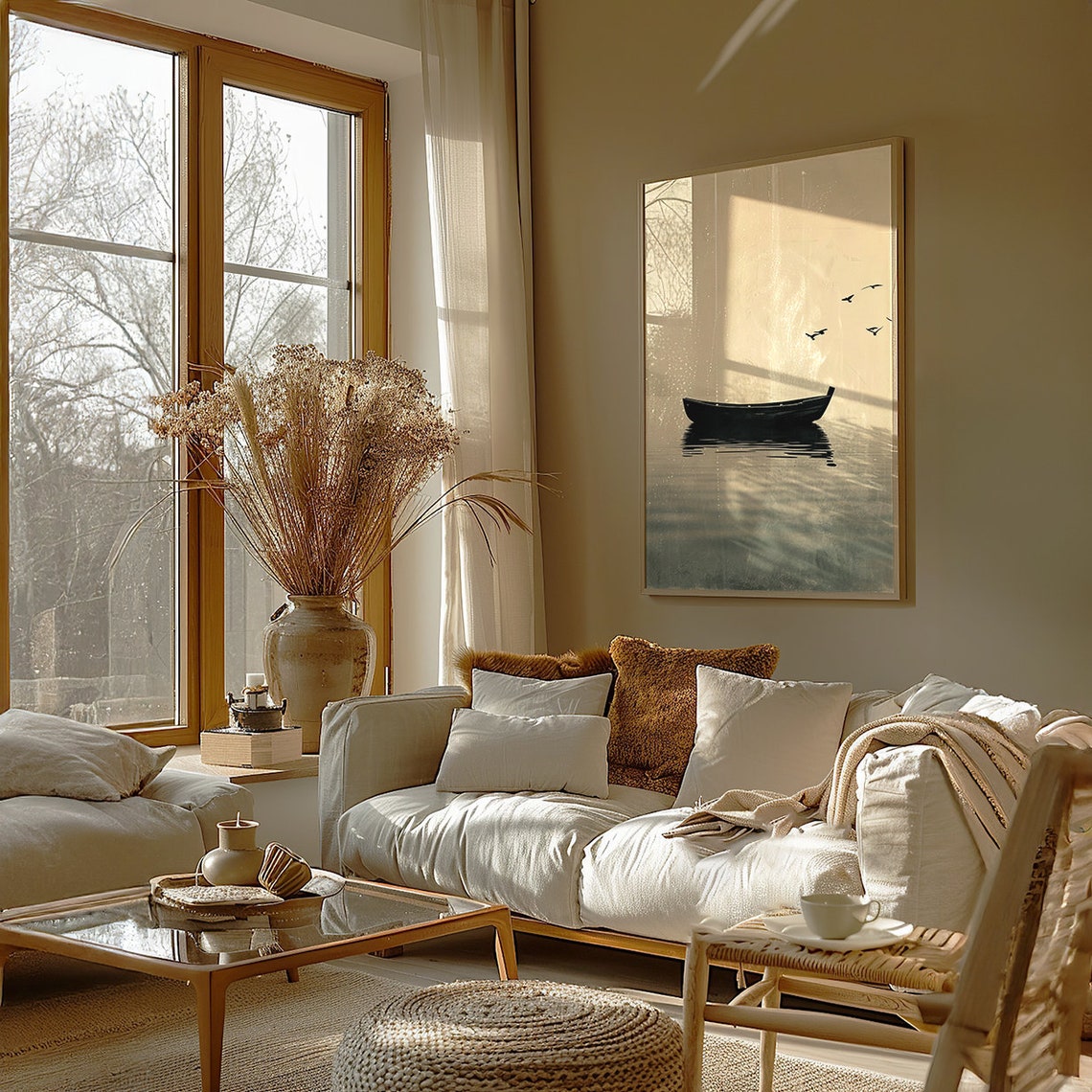 Minimalist Rowboat Floating on a Still Lake in Sepia Tones Poster - Image 2