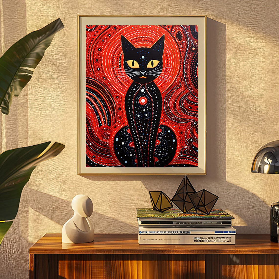 Black Cat on a Red Aboriginal Dot Painting Background Poster
