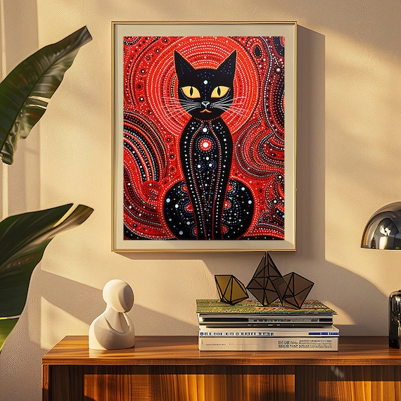 Black Cat on a Red Aboriginal Dot Painting Background Poster