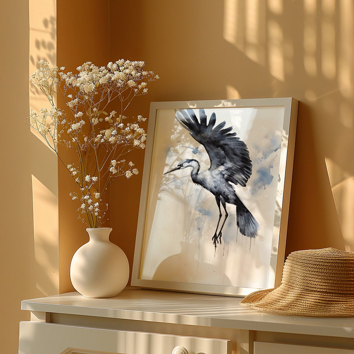 Great Crane in Flight in Soft Ink Wash Watercolor Style Poster - Image 7
