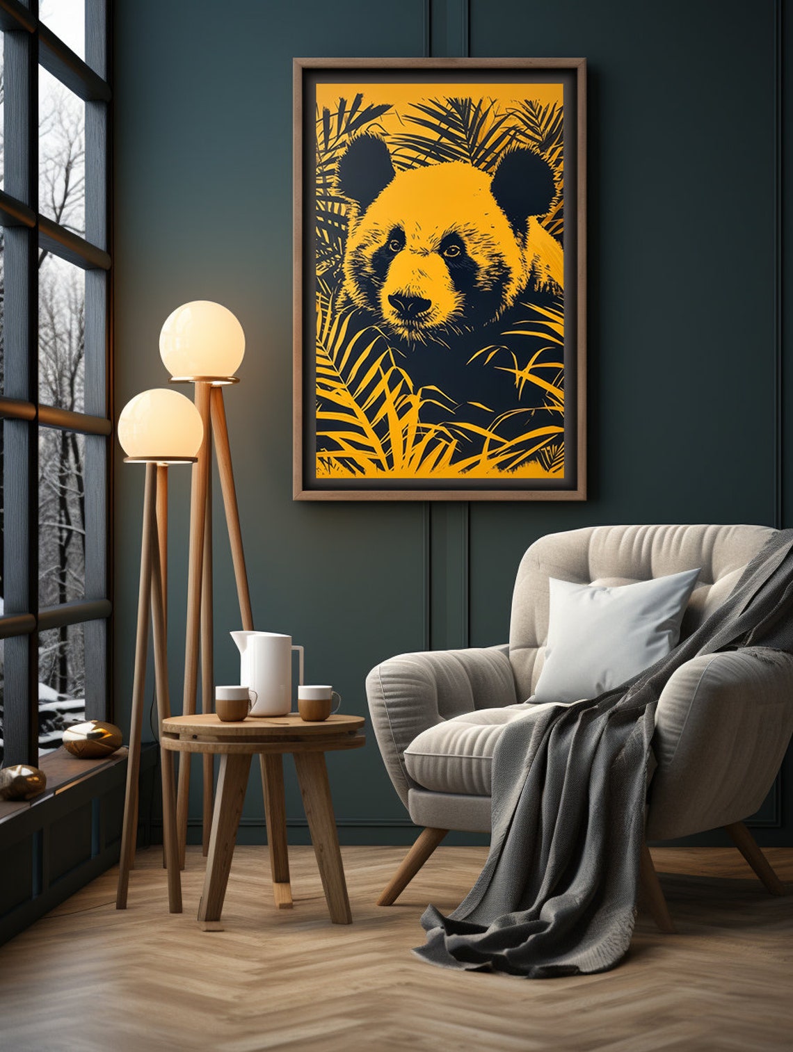 Bold Yellow and Black Pop Art Panda Head in Tropical Leaves Poster - Image 3