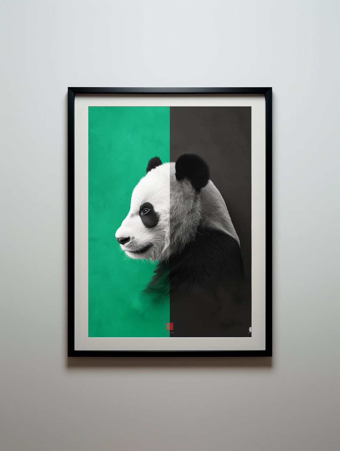 Panda Profile Against a Split Green and Black Modern Background Poster - Image 6