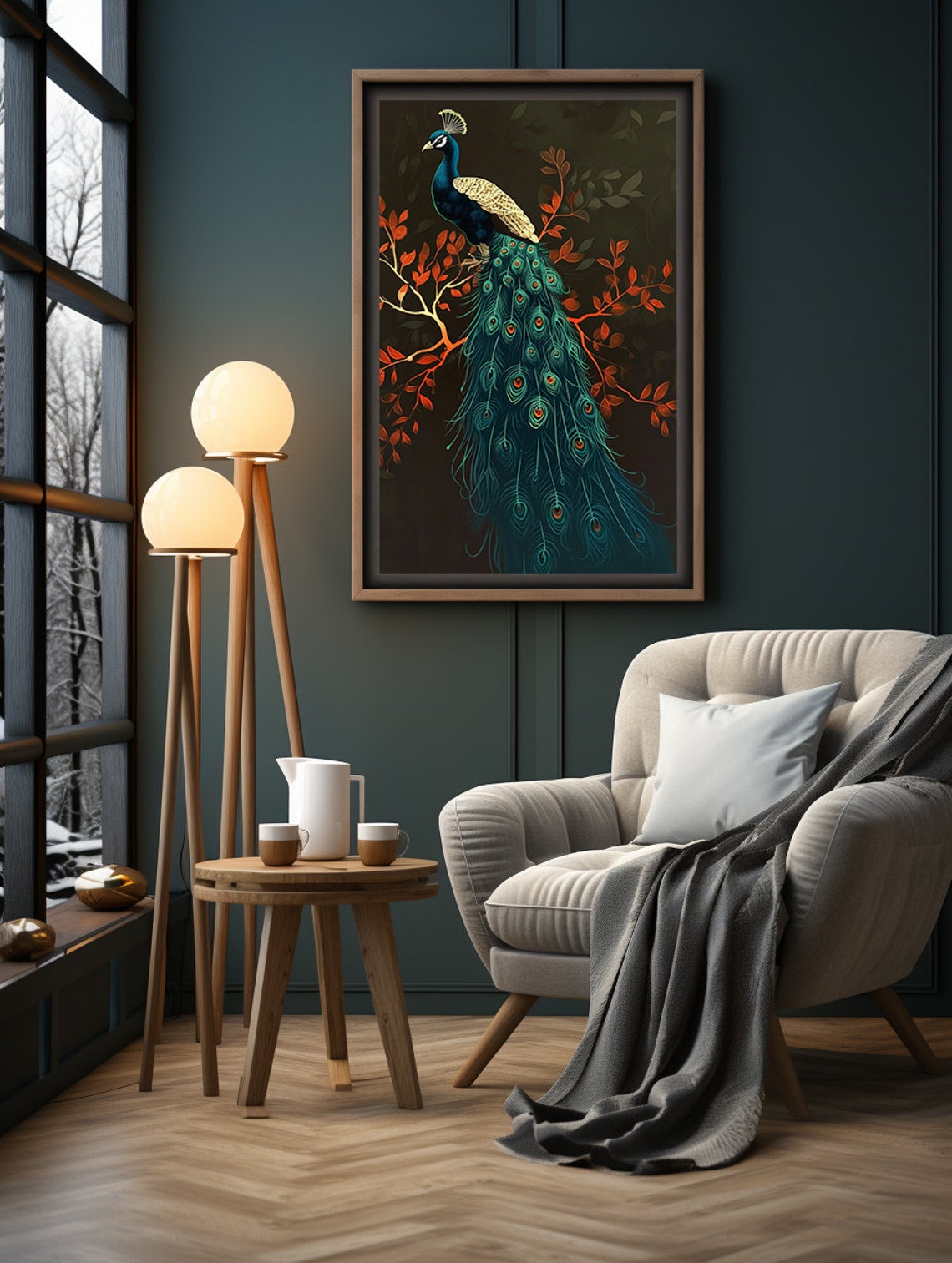 Teal Peacock Perched on a Scarlet Branch Against the Dark Poster - Image 5