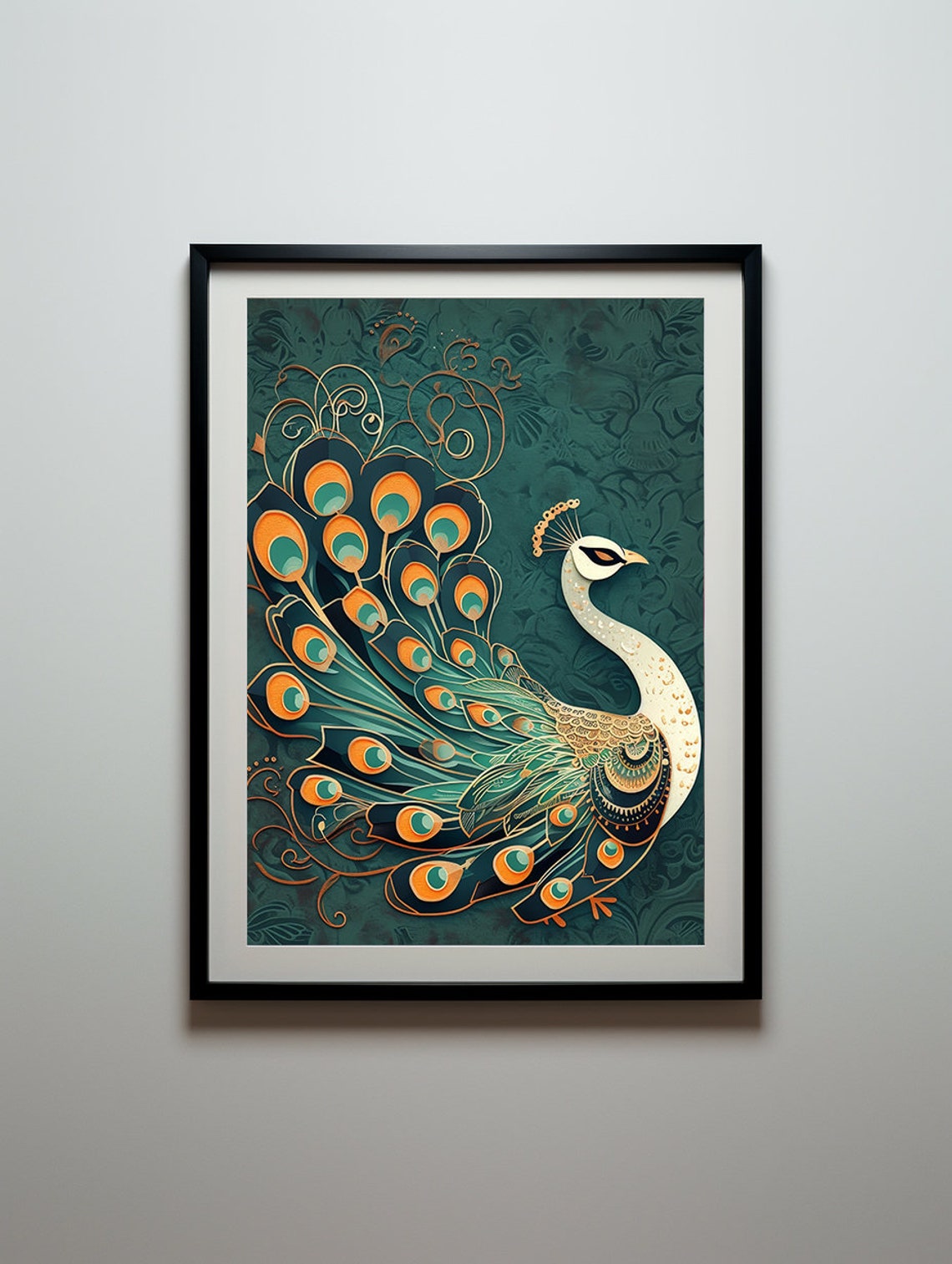 White Peacock With an Ornate Golden Tail on Patterned Teal Poster - Image 6
