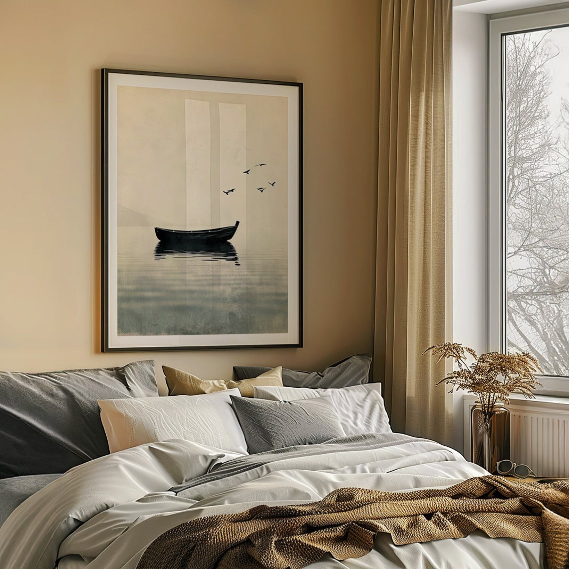 Minimalist Rowboat Floating on a Still Lake in Sepia Tones Poster - Image 5