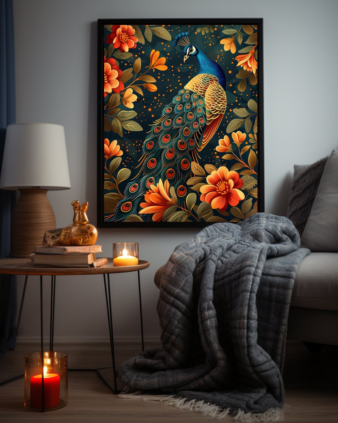 Teal Peacock With Glowing Orange Flowers on Midnight Blue Poster - Image 7