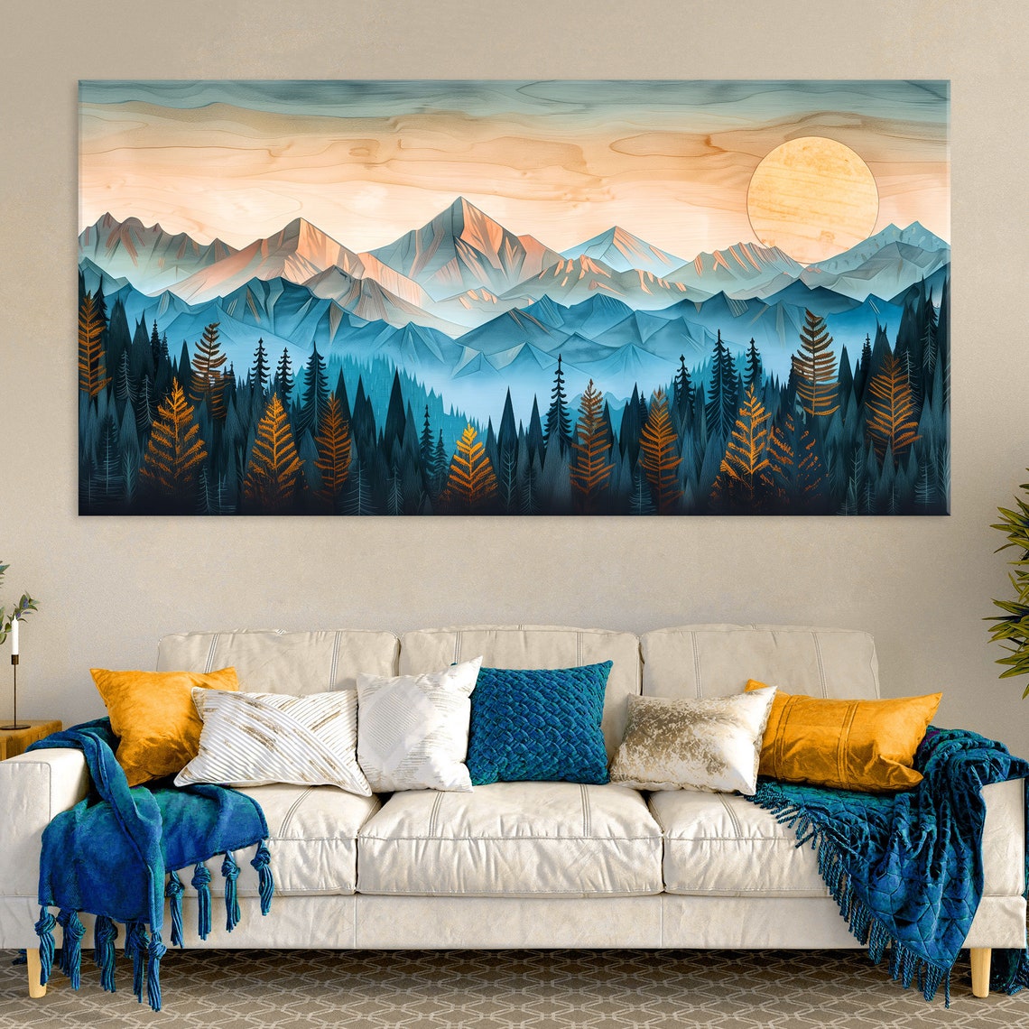 Blue Mountain Range Golden Forest Large Sun Landscape Art Poster