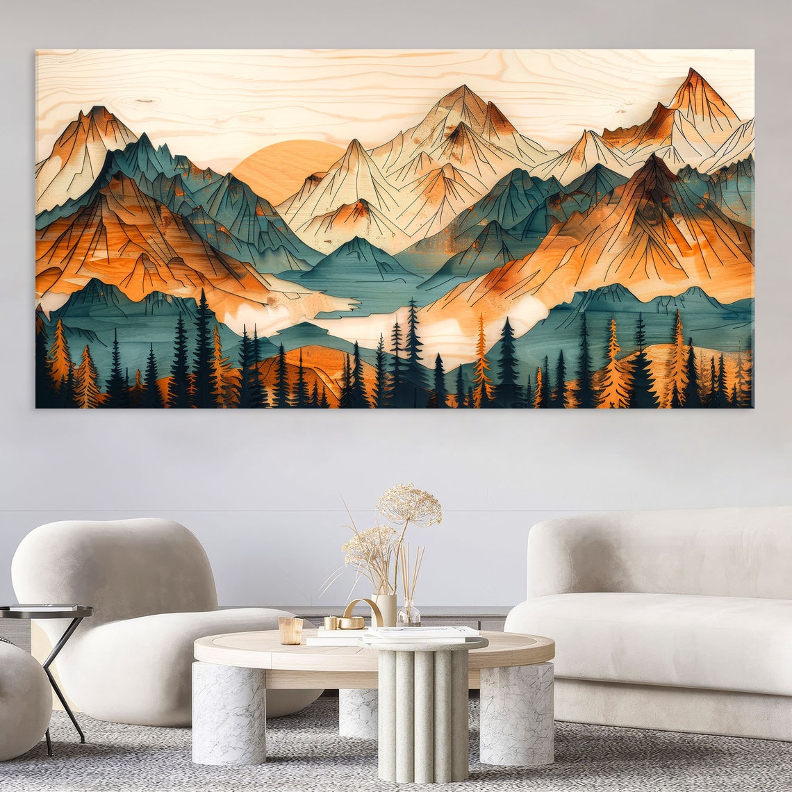 Golden Wood Grain Mountain Peaks White Sun Pine Forest Poster