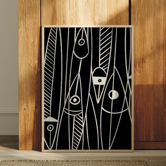 Abstract Fish Wall Art Modern Black And White Minimalist Ocean Decor Nautical Print Boho Poster Instant