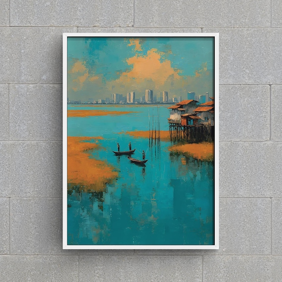 Abidjan Ivory Coast Art Print Stilt Houses Lagoon Modern Cityscape Painting Vibrant West African Travel Wall