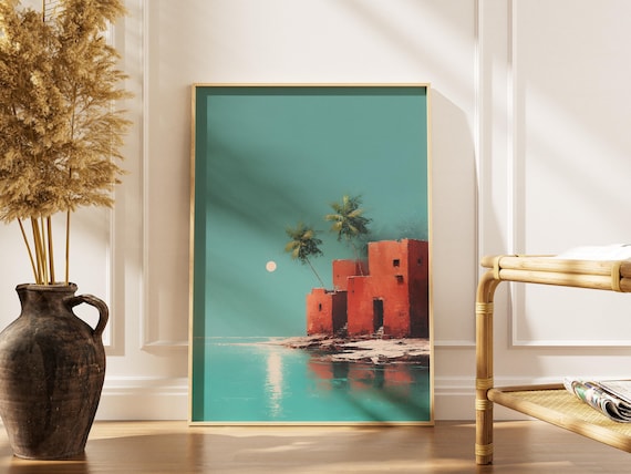 Sudan Red Sea City Art Print Coastal Town Buildings Palm Trees Painting Vibrant Sudanese Travel Wall