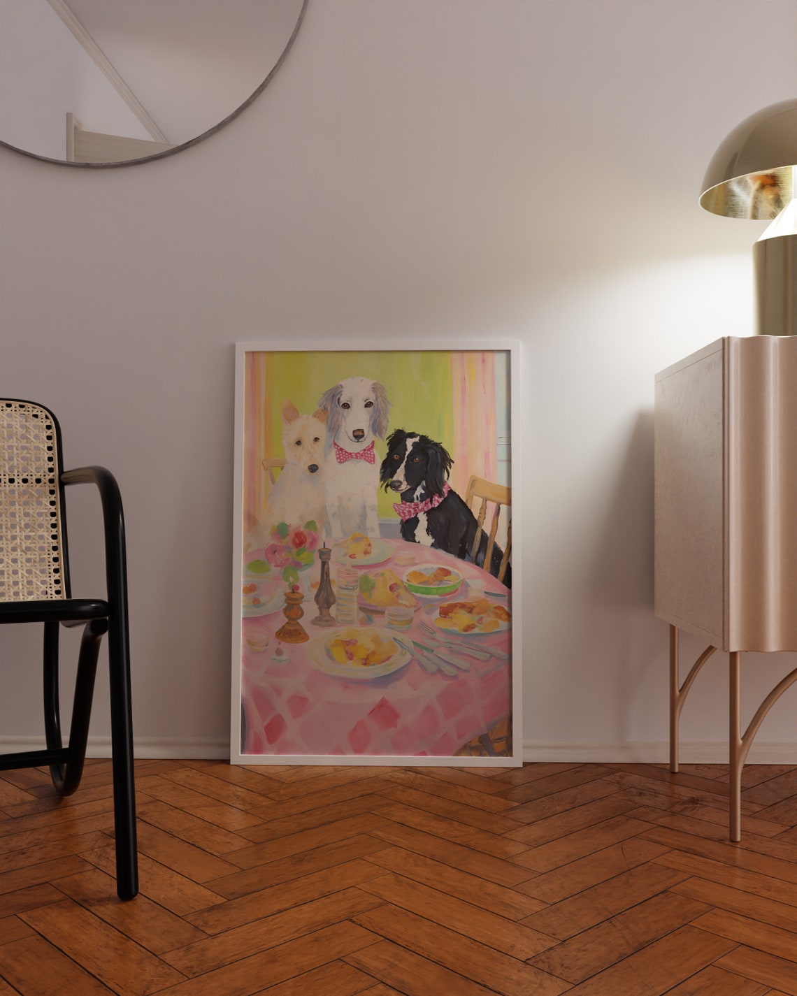 Three Dogs Dining at a Table with Bow Ties Funny Kitchen Art Poster - Image 3