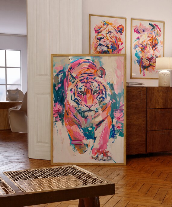 Pink and Purple Abstract Tiger Portrait Impasto Style Art Poster