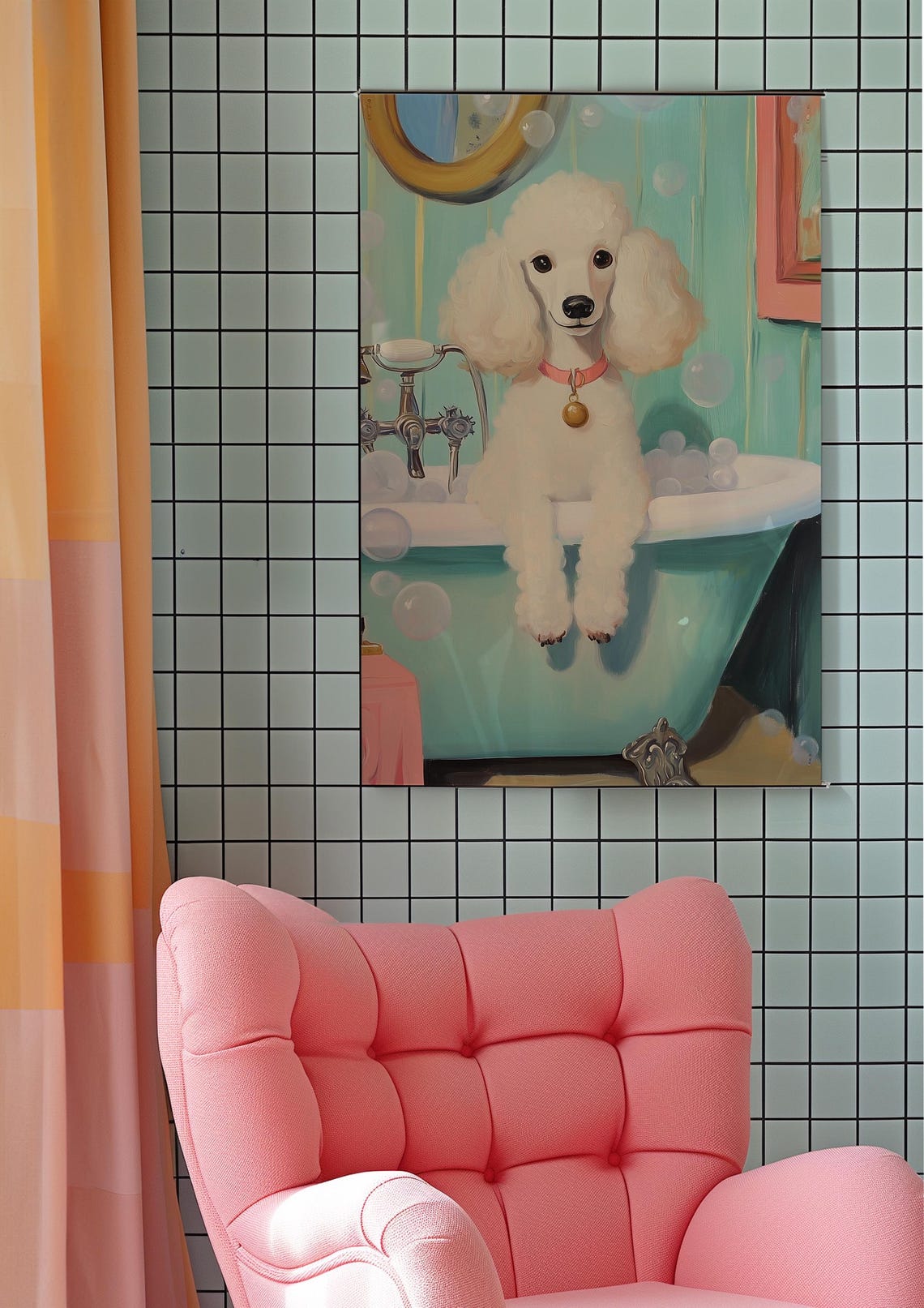 White Poodle Soaking in a Bubble Bath Cute Dog Bathroom Poster - Image 2