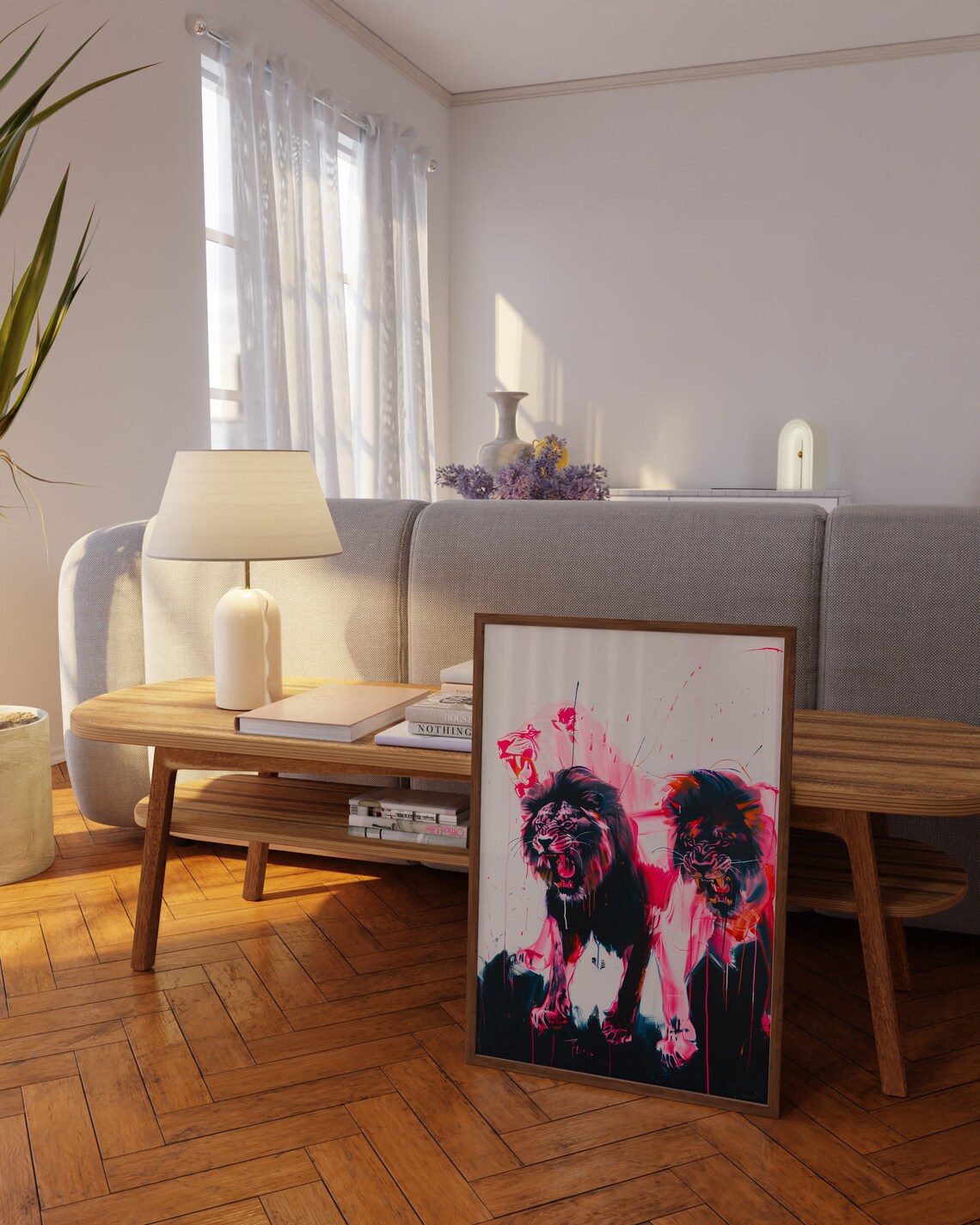 Two Roaring Lions In Neon Pink Expressionist Wildlife Poster - Image 2