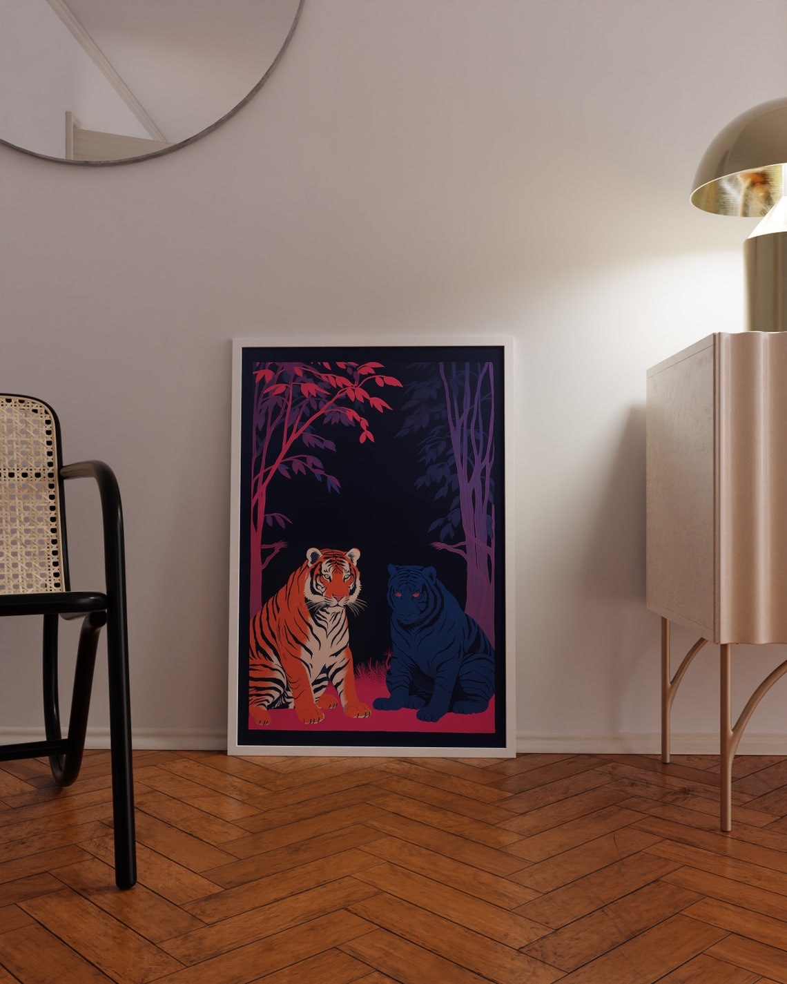 Two Tigers in a Neon Jungle Night Graphic Illustration Poster - Image 3