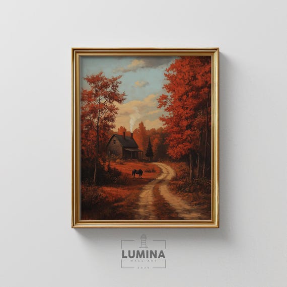 Sunset Glow On Autumn Countryside Rustic Fall Landscape Print Moody Country Road Scene Warm Farmhouse Decor 174