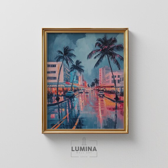 Neon Miami Street At Night Tropical Rainy Cityscape Moody Coastal Scene Vibrant Urban Glow Vintage Travel Wall Art Print 400
