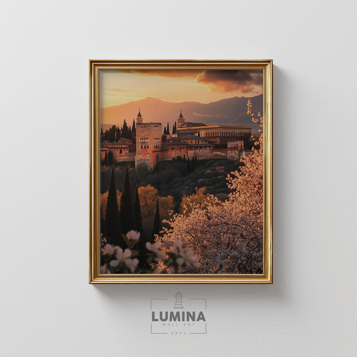 Alhambra Granada Spain Golden Sunset Moorish Palace Travel Poster