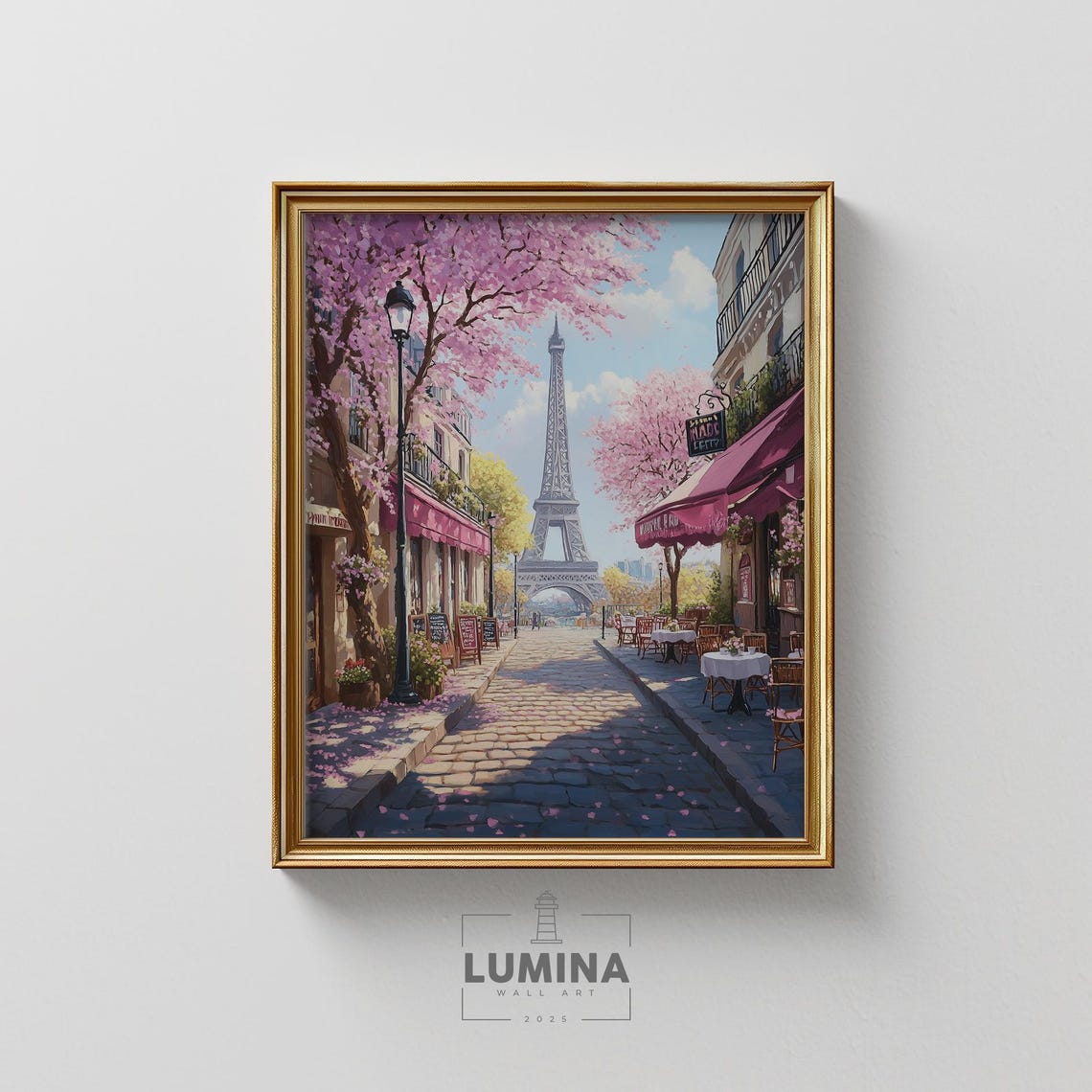 Paris Spring Cherry Blossoms Eiffel Tower Cafe Street Scene Poster