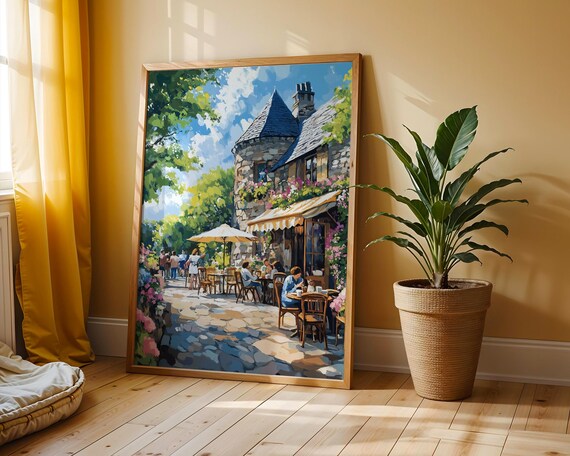 Charming European Village Stone Cafe Spring Morning Dining Scene Poster