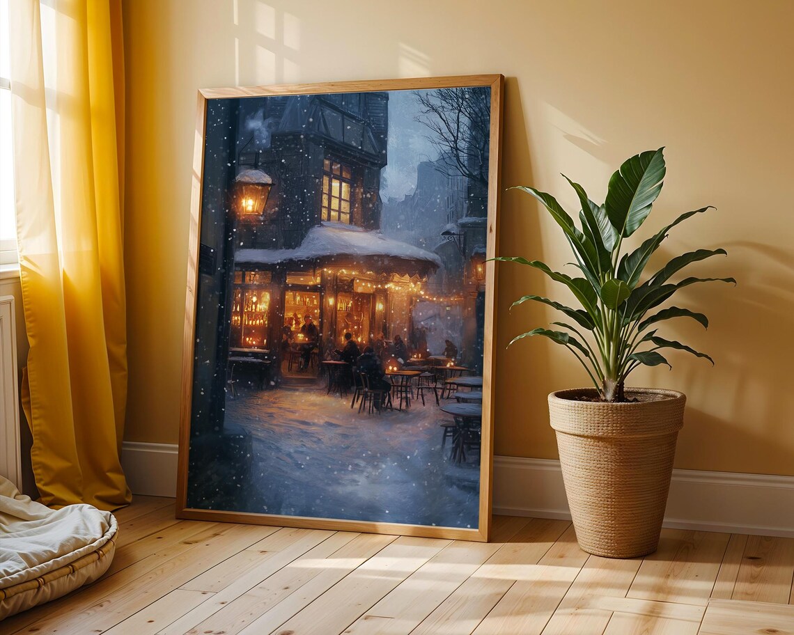 Snowy Street Cafe Winter Night Glowing Windows Moody Fog Poster