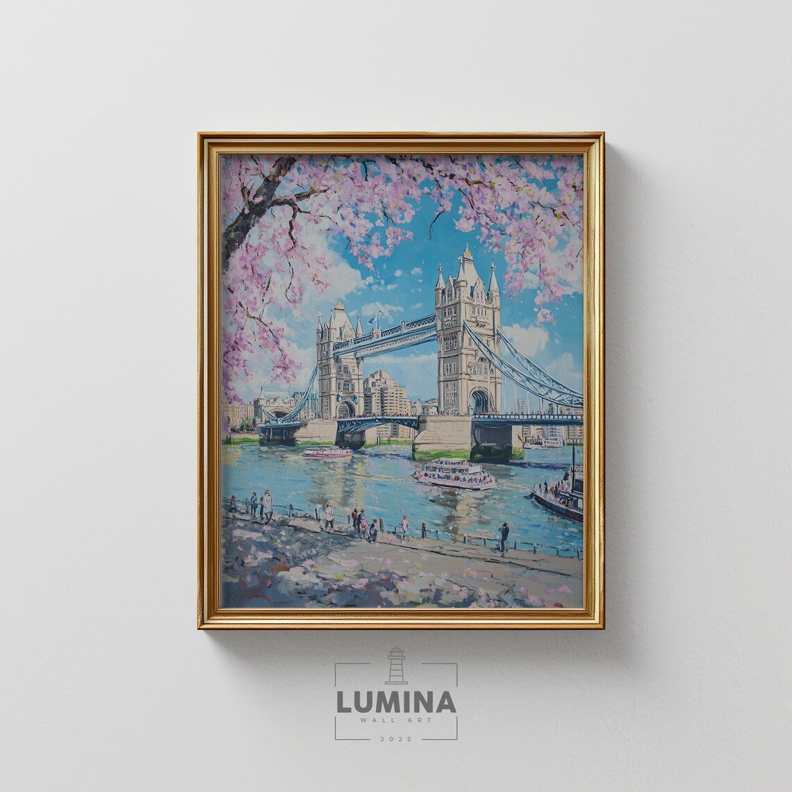 London Tower Bridge Spring Cherry Blossom Riverside Painting Poster