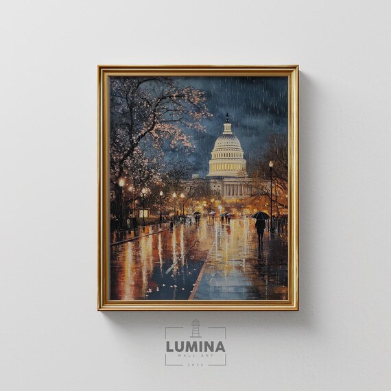 US Capitol Rainy Night Washington DC Cherry Blossom Moody Street Poster