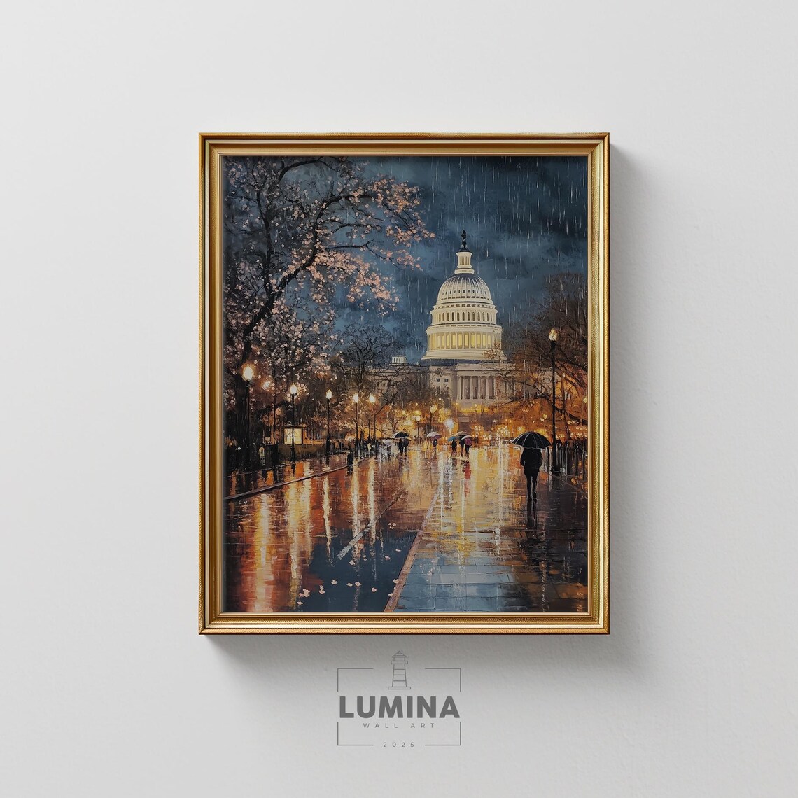 US Capitol Rainy Night Washington DC Cherry Blossom Moody Street Poster