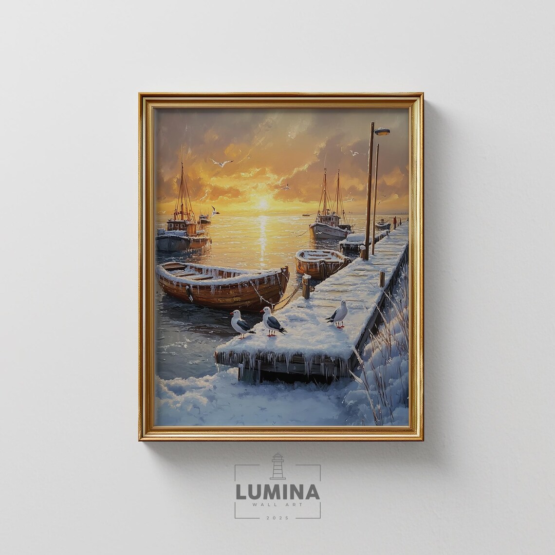 Snow Covered Boats in Icy Harbor Sunset Tranquil Winter Seaside Poster