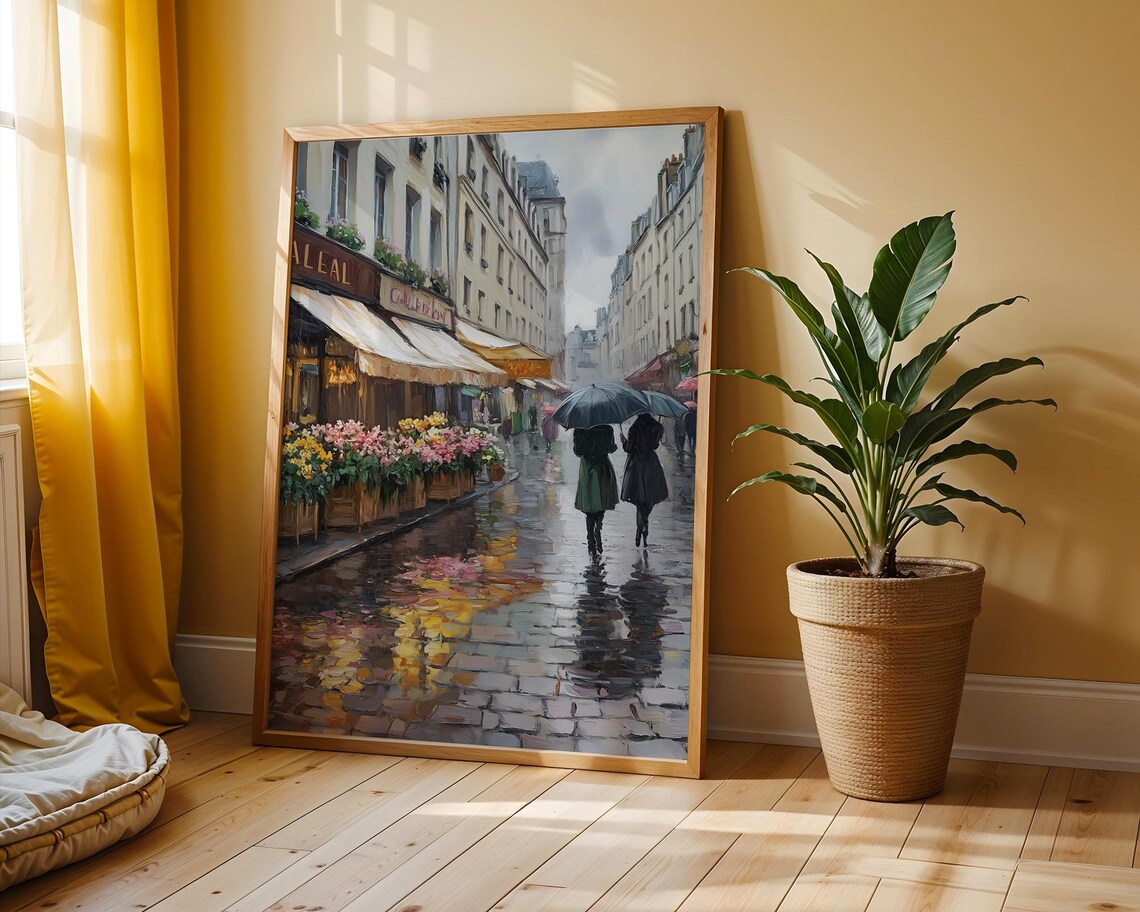 Rainy Paris Street Flower Market Umbrella Couple Painting Poster