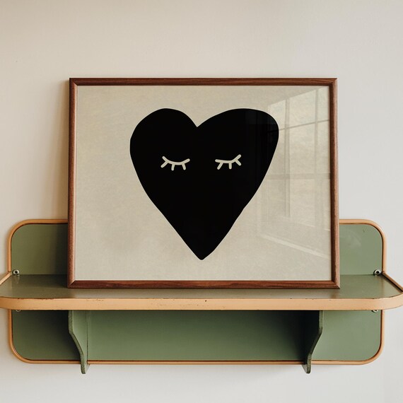 Minimalist Heart Print Black Wall Art Modern Bedroom Decor Digital Download Horizontal