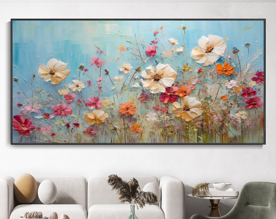 Blue Sky Blooming Flowers Oil Painting Wall Art