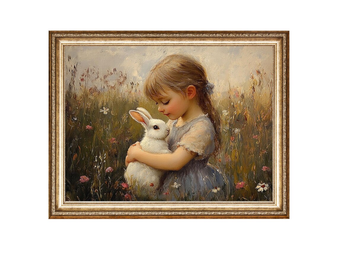 Girl Holding White Bunny In Wildflower Meadow Painting Poster