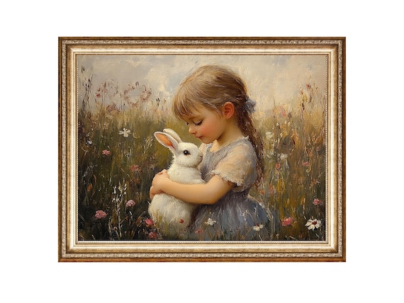 Girl Holding White Bunny In Wildflower Meadow Painting Poster