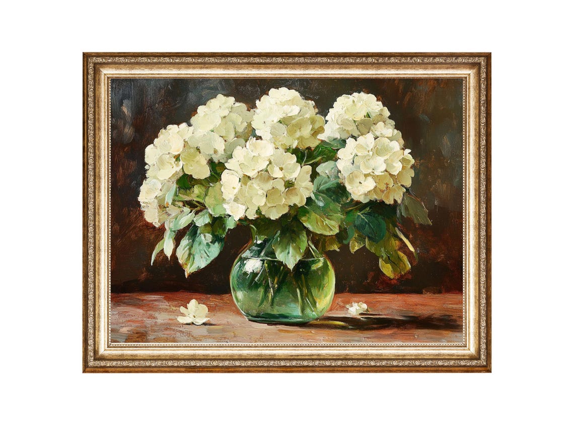 Hydrangea Vintage Floral, Cottagecore Mid-Century Art Print
