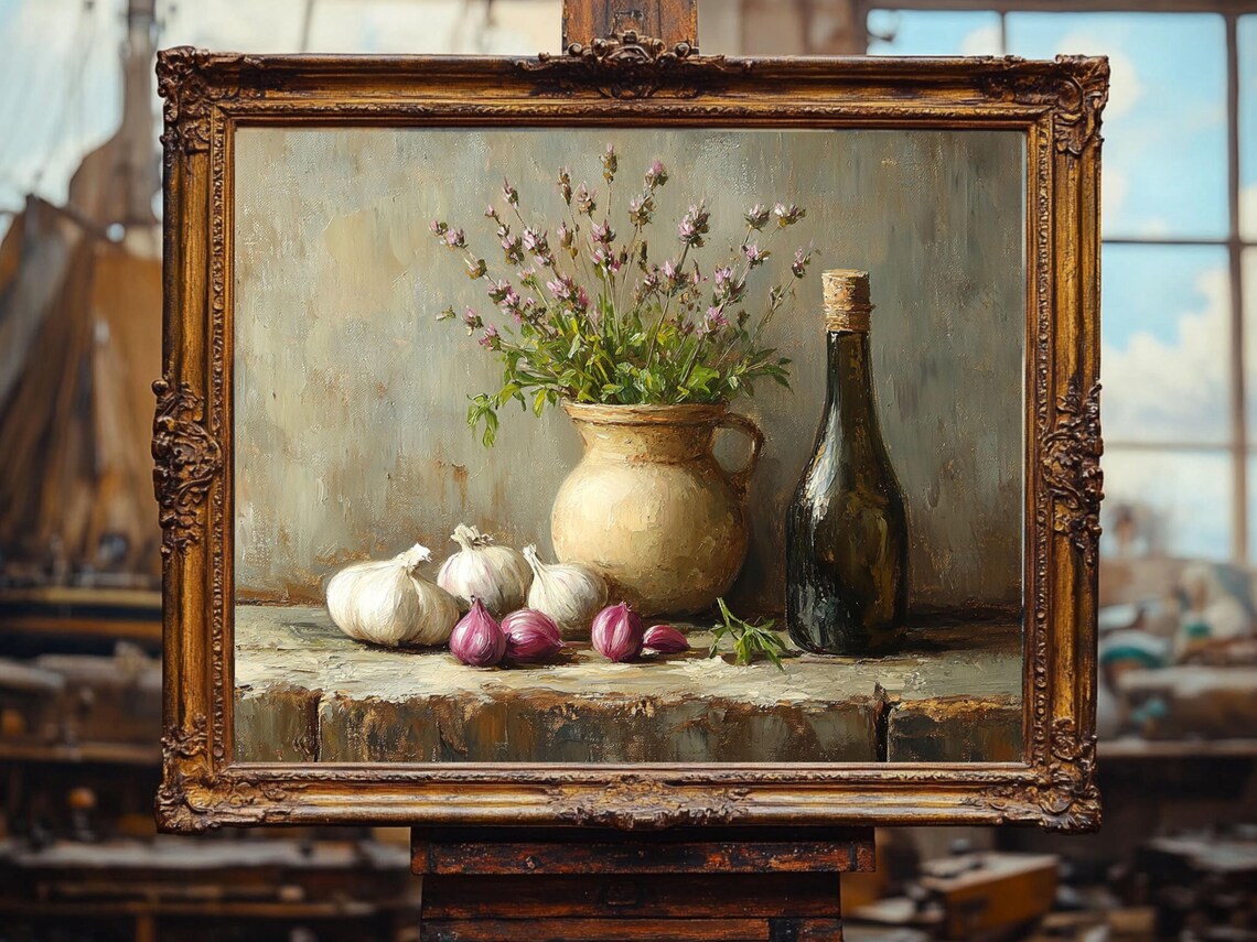 Garlic And Shallots With Herbs In A Clay Jug Rustic Kitchen Poster - Image 3