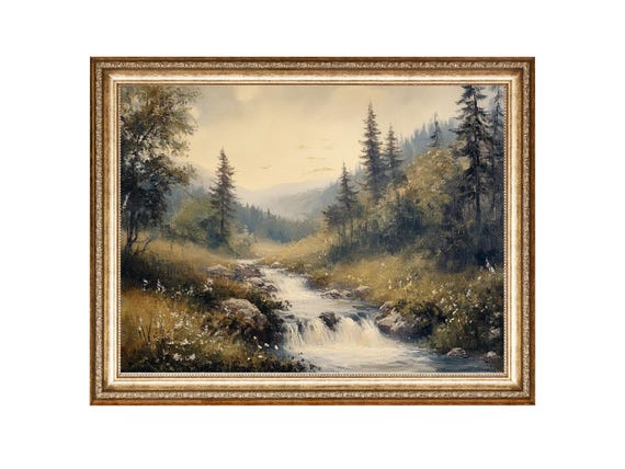 Mountain Stream Forest River Art Wild Nature Scene Oil Painting Cottage Core Art Vintage Painting Wall Art Prints