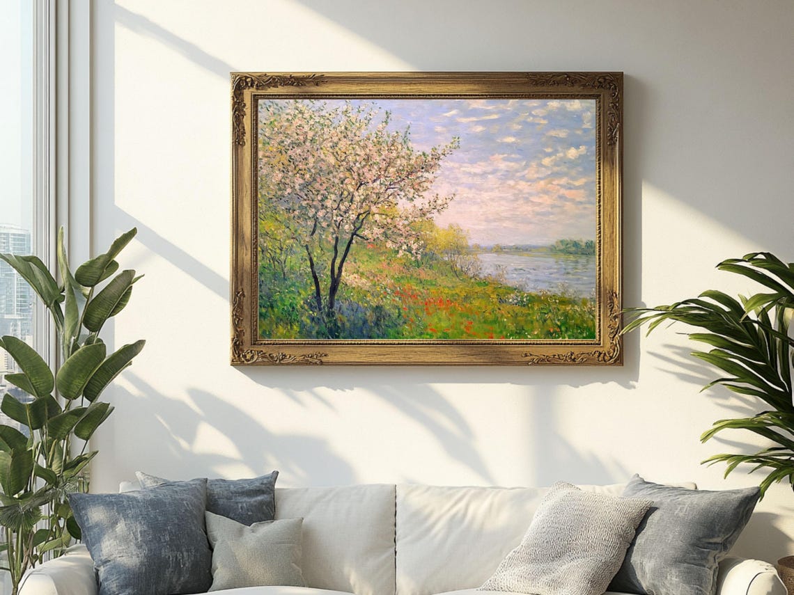 Blossoming Spring Tree By The River Impressionist Oil Painting Cottage Core Art Vintage Painting Wall Art Prints - Image 2